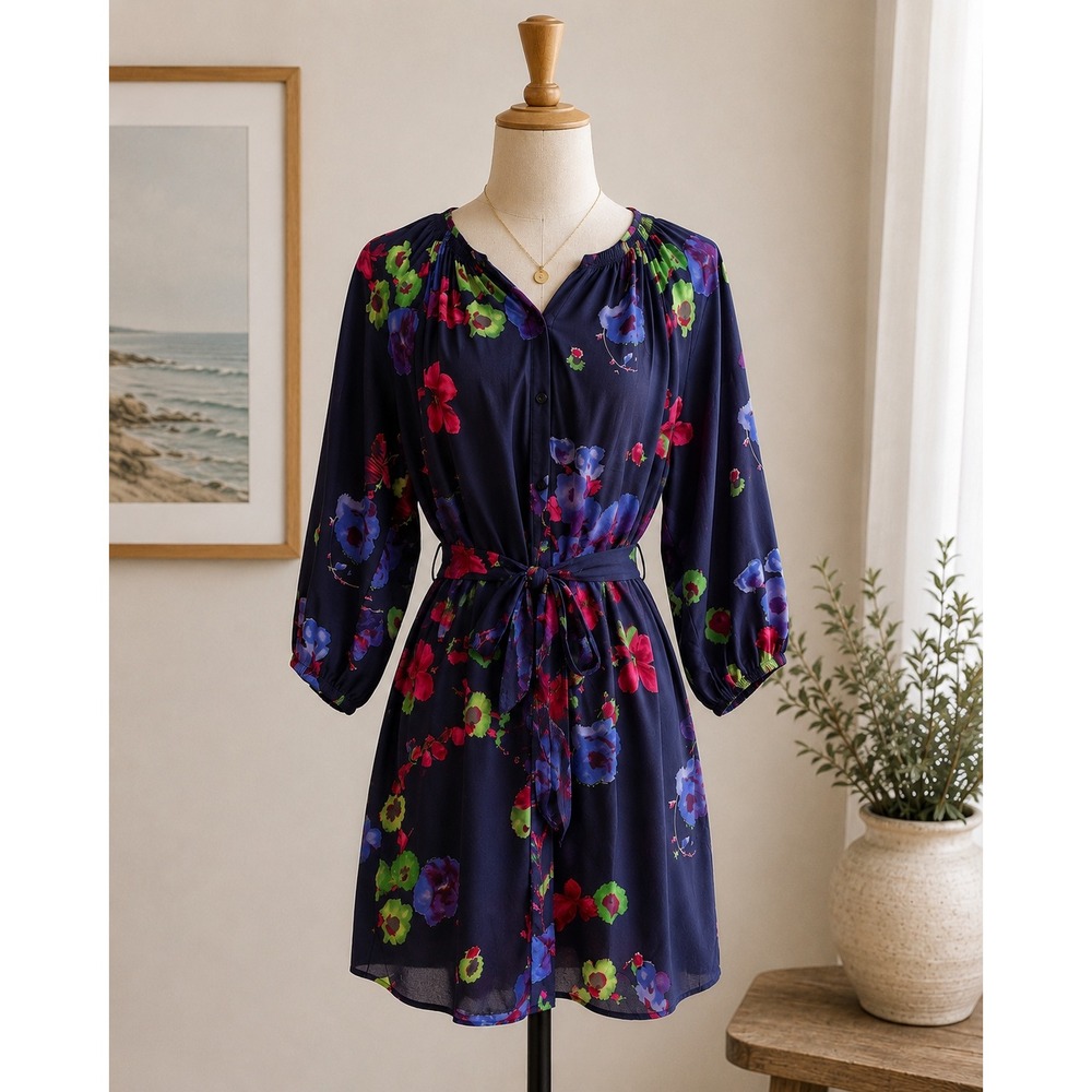 Tucker XS 100% Silk Floral Tie Waist Dress Navy Pink Blue Made USA
